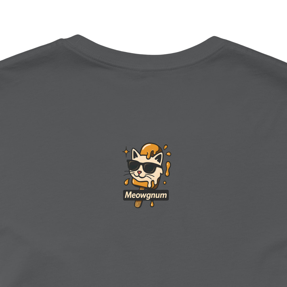 Spurreme Drip Drop Honey Meowgnum Cat Graphic T-Shirt in asphalt, close-up of the back print