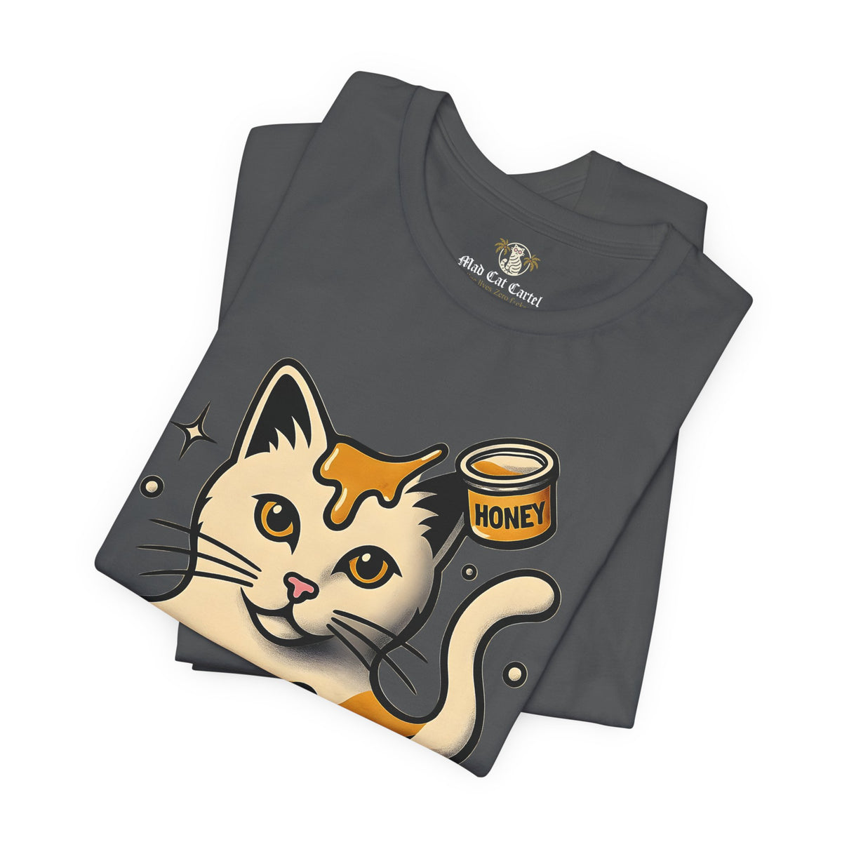 Spurreme Drip Drop Honey Meowgnum Cat Graphic T-Shirt in asphalt, folded