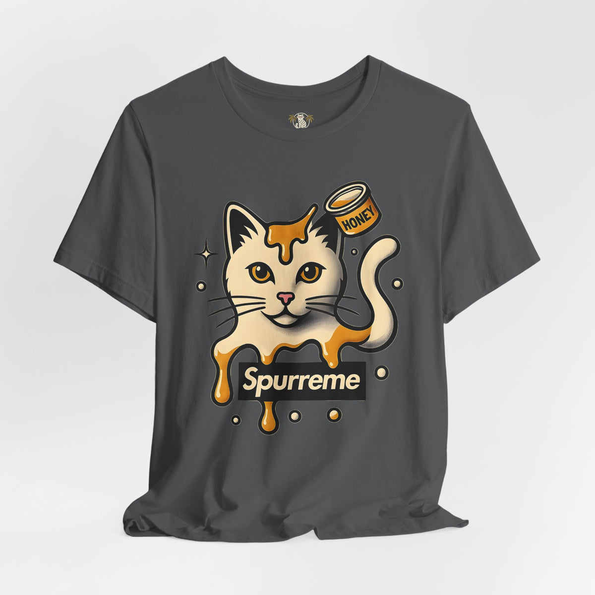 Spurreme Drip Drop Honey Meowgnum Cat Graphic T-Shirt in asphalt, front view