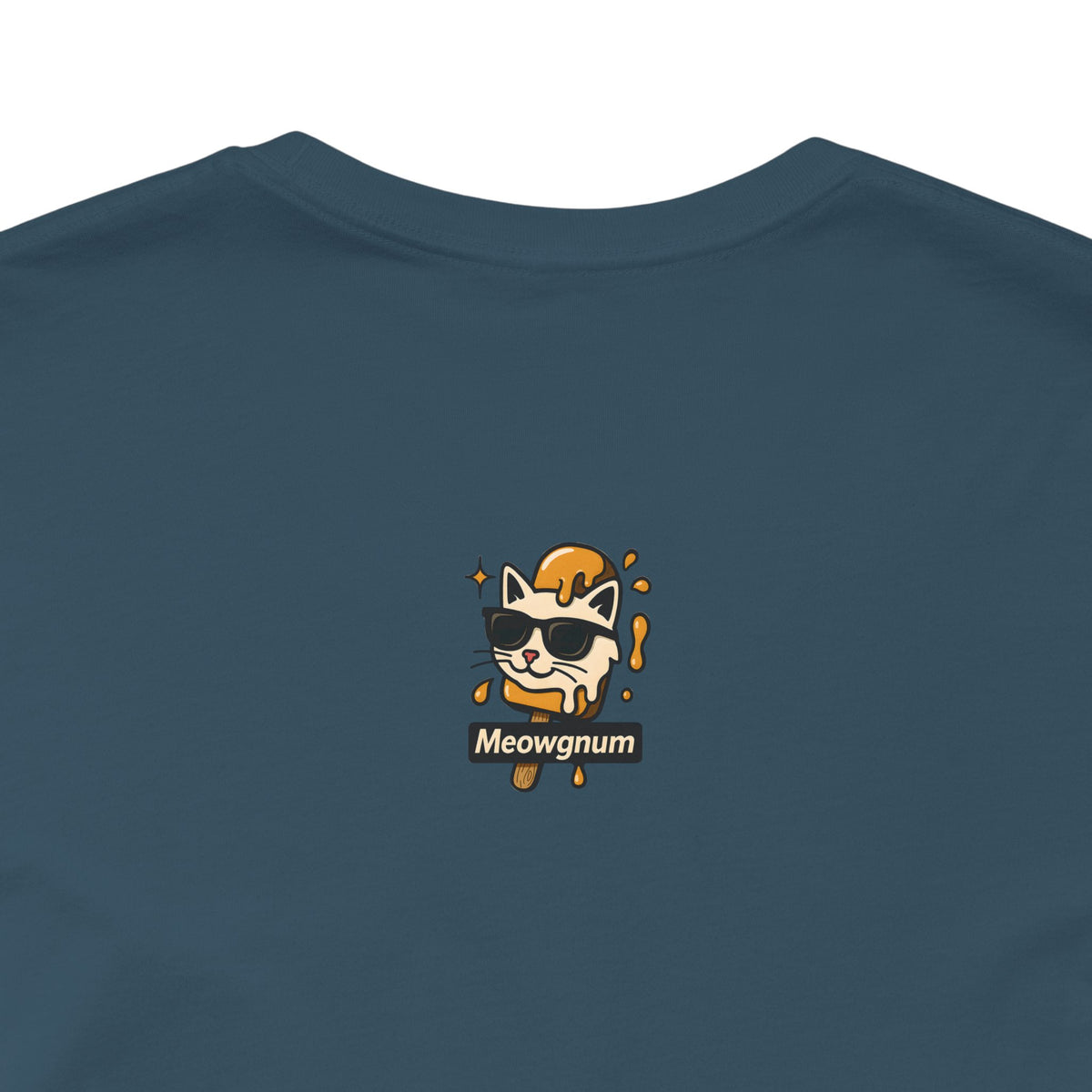 Spurreme Drip Drop Honey Meowgnum Cat Graphic T-Shirt in deep teal, close-up of the back print
