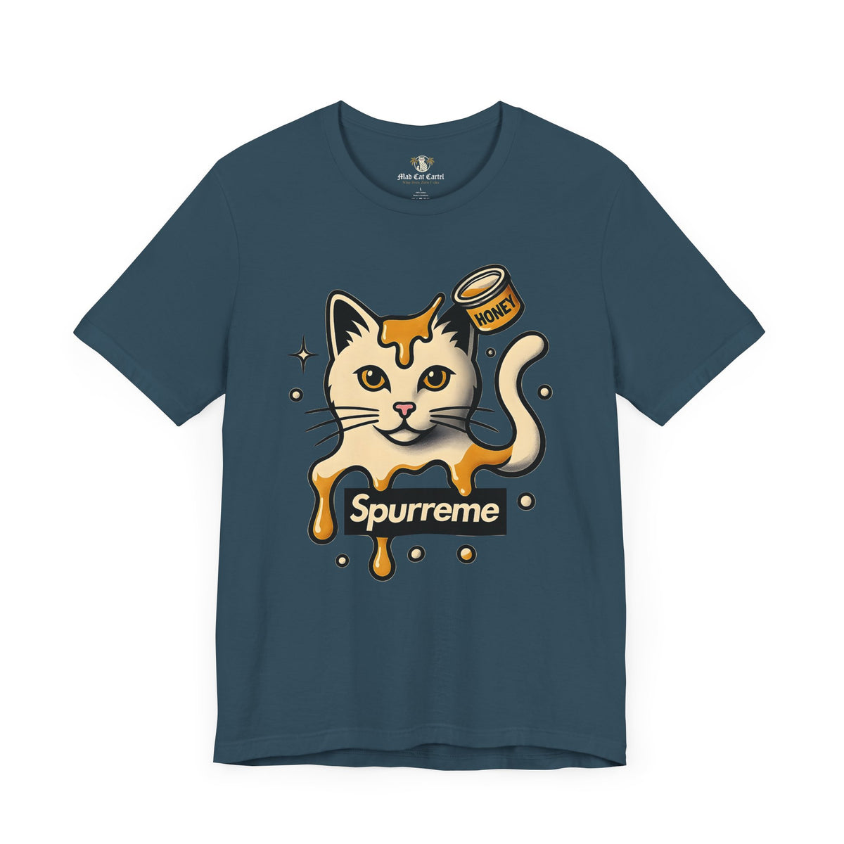 Spurreme Drip Drop Honey Meowgnum Cat Graphic T-Shirt in deep teal, flat lay