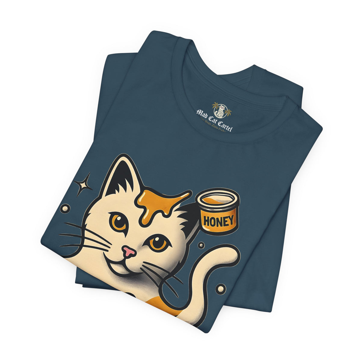 Spurreme Drip Drop Honey Meowgnum Cat Graphic T-Shirt in deep teal, folded