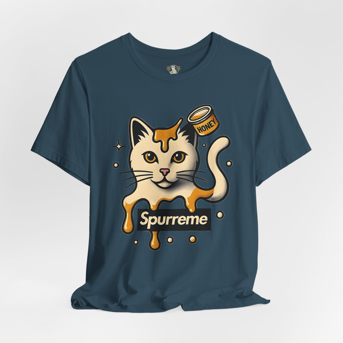 Spurreme Drip Drop Honey Meowgnum Cat Graphic T-Shirt in deep teal, front view