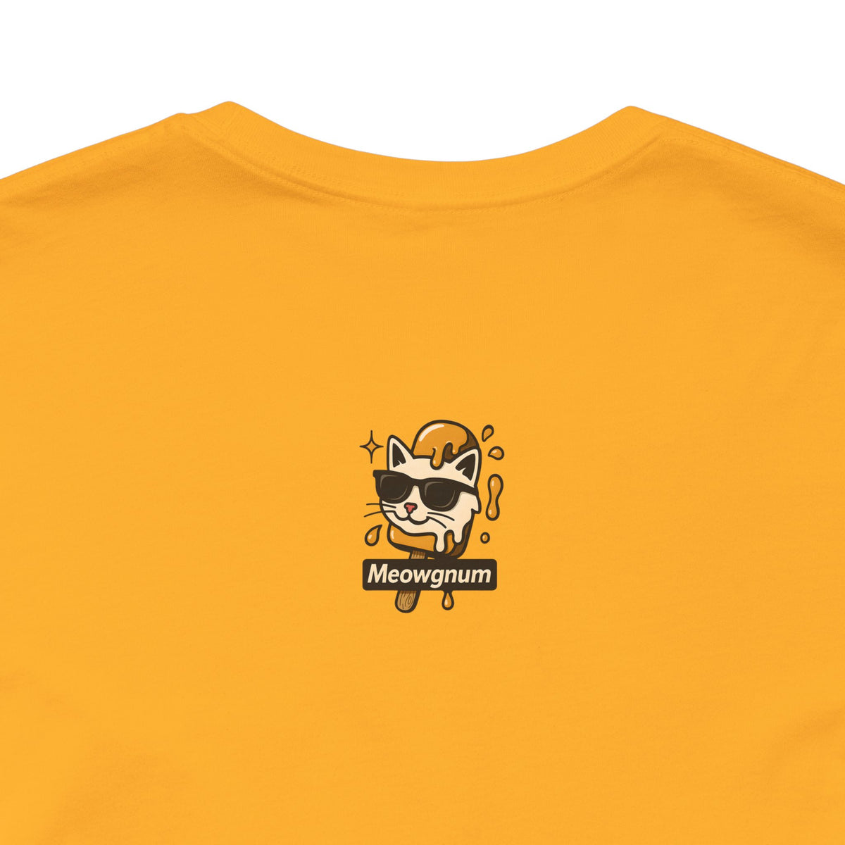 Spurreme Drip Drop Honey Meowgnum Cat Graphic T-Shirt in gold, close-up of the back print