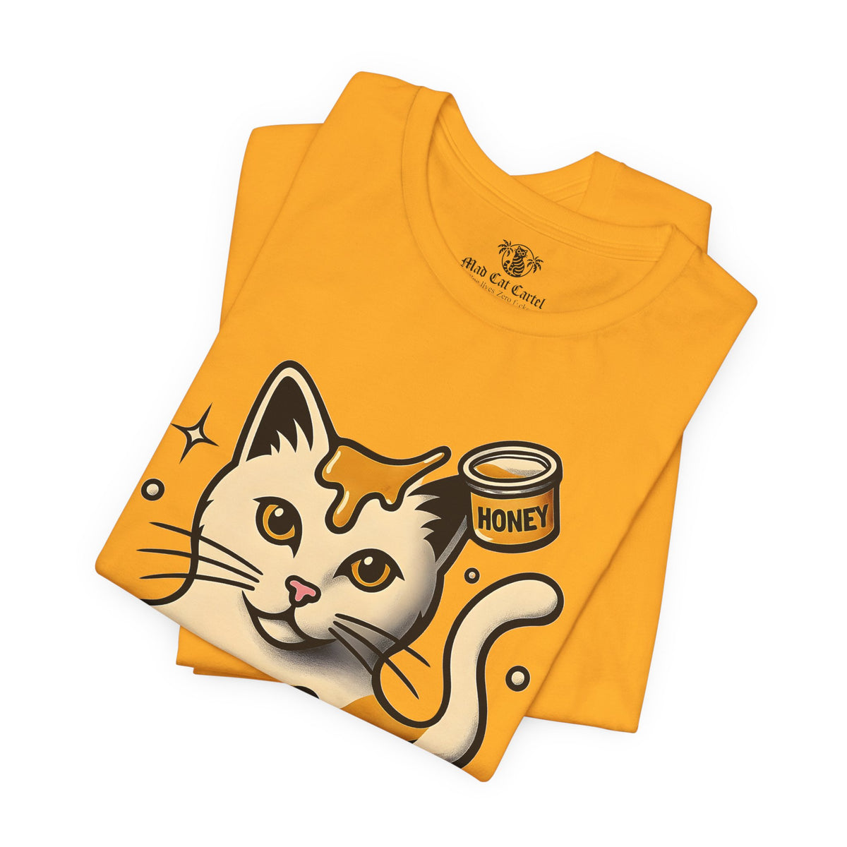 Spurreme Drip Drop Honey Meowgnum Cat Graphic T-Shirt in gold, folded