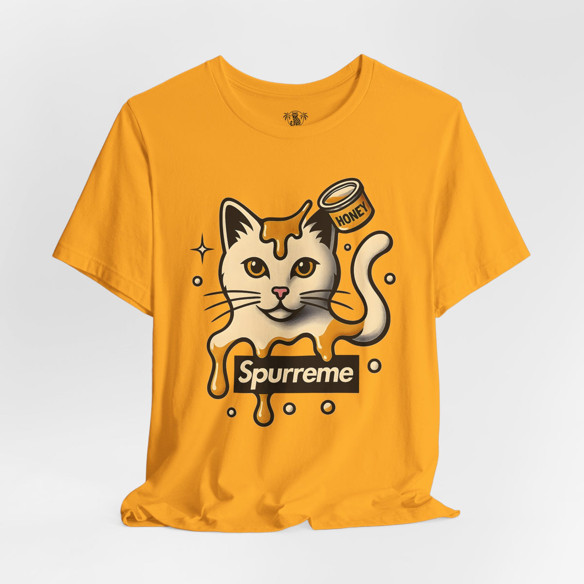 Spurreme Drip Drop Honey Meowgnum Cat Graphic T-Shirt in gold, front view