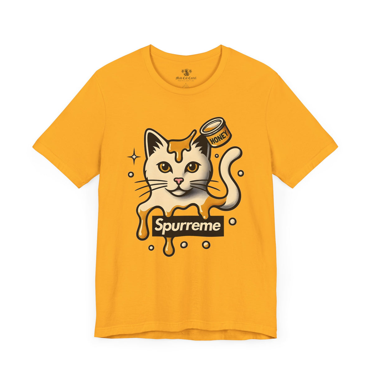 Spurreme Drip Drop Honey Meowgnum Cat Graphic T-Shirt in gold, front view