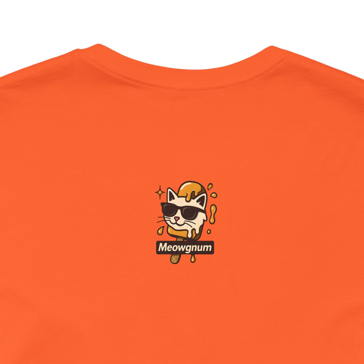 Spurreme Drip Drop Honey Meowgnum Cat Graphic T-Shirt in orange, close-up of the back print