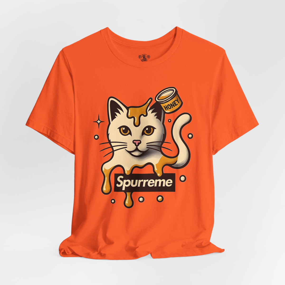 Spurreme Drip Drop Honey Meowgnum Cat Graphic T-Shirt in orange, flat lay