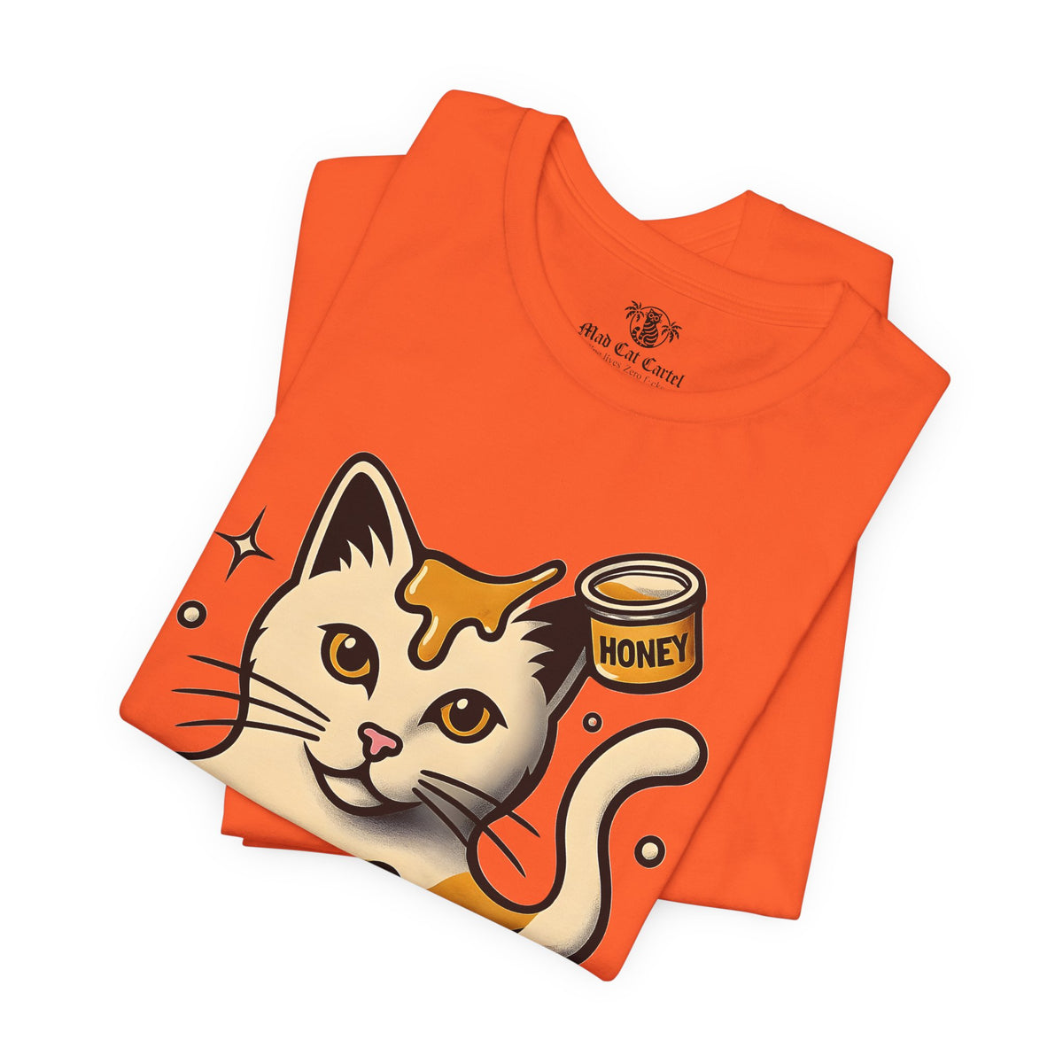 Spurreme Drip Drop Honey Meowgnum Cat Graphic T-Shirt in orange, folded
