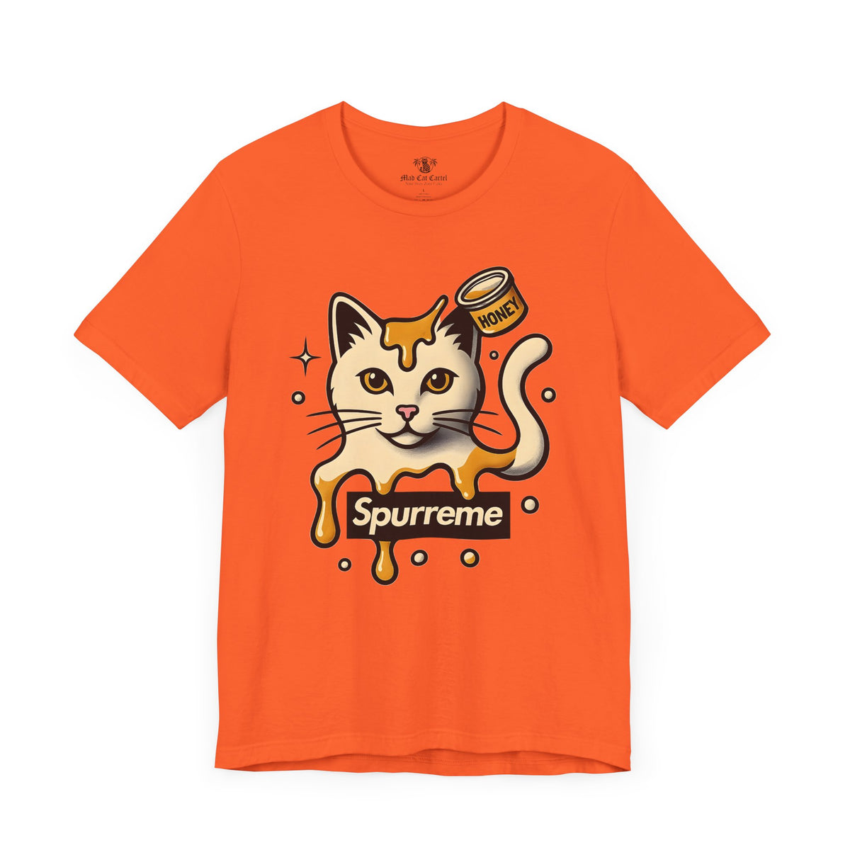Spurreme Drip Drop Honey Meowgnum Cat Graphic T-Shirt in orange, front view