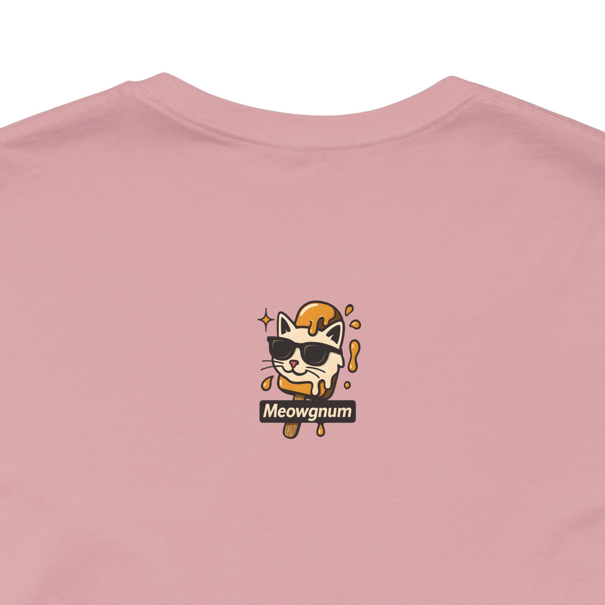 Spurreme Drip Drop Honey Meowgnum Cat Graphic T-Shirt in orchid, close-up of the back print
