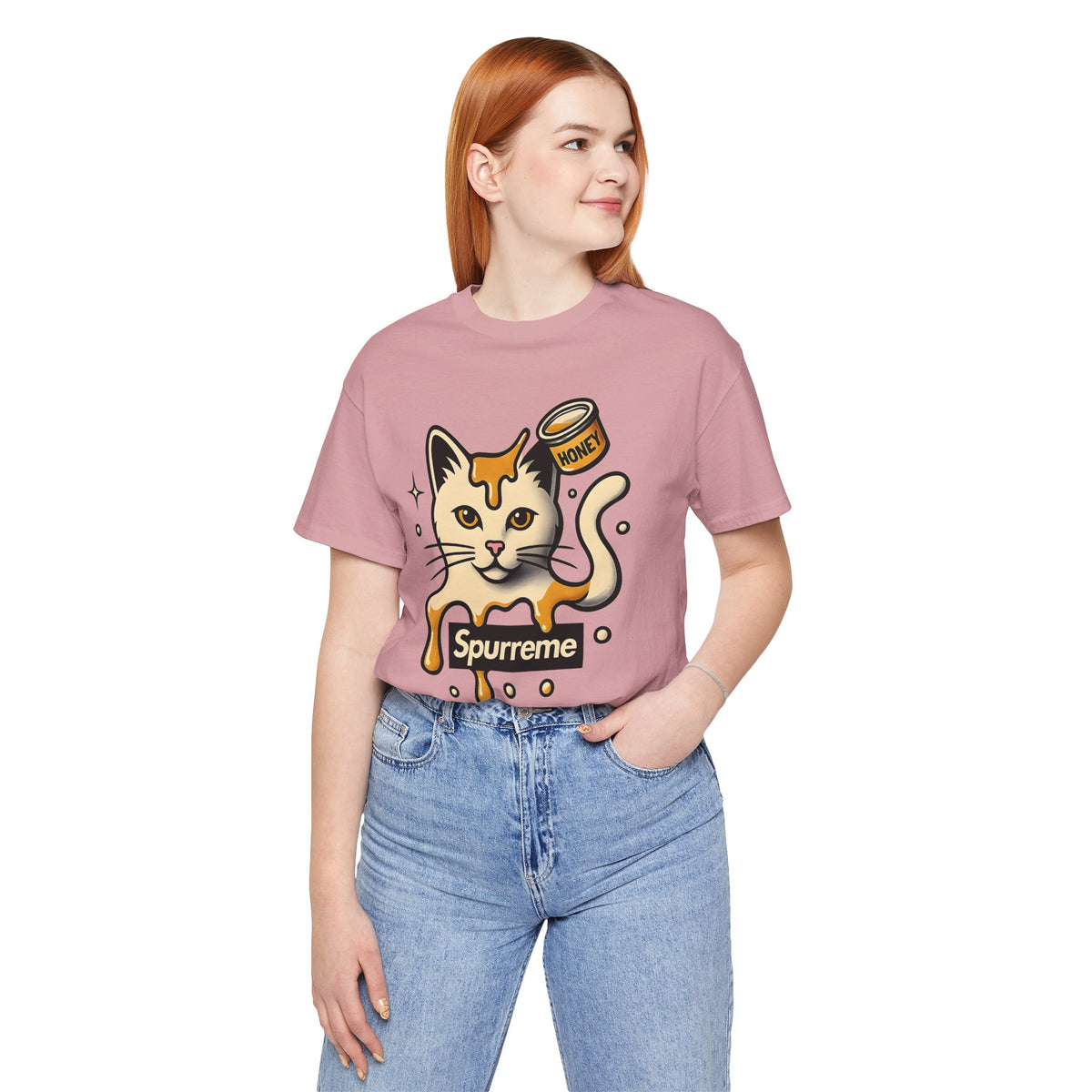 Spurreme Drip Drop Honey Meowgnum Cat Graphic T-Shirt in orchid, worn by a female model