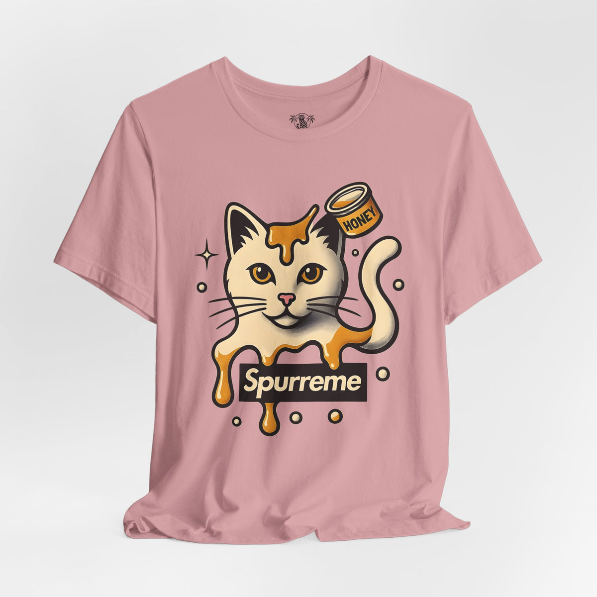 Spurreme Drip Drop Honey Meowgnum Cat Graphic T-Shirt in orchid, flat lay