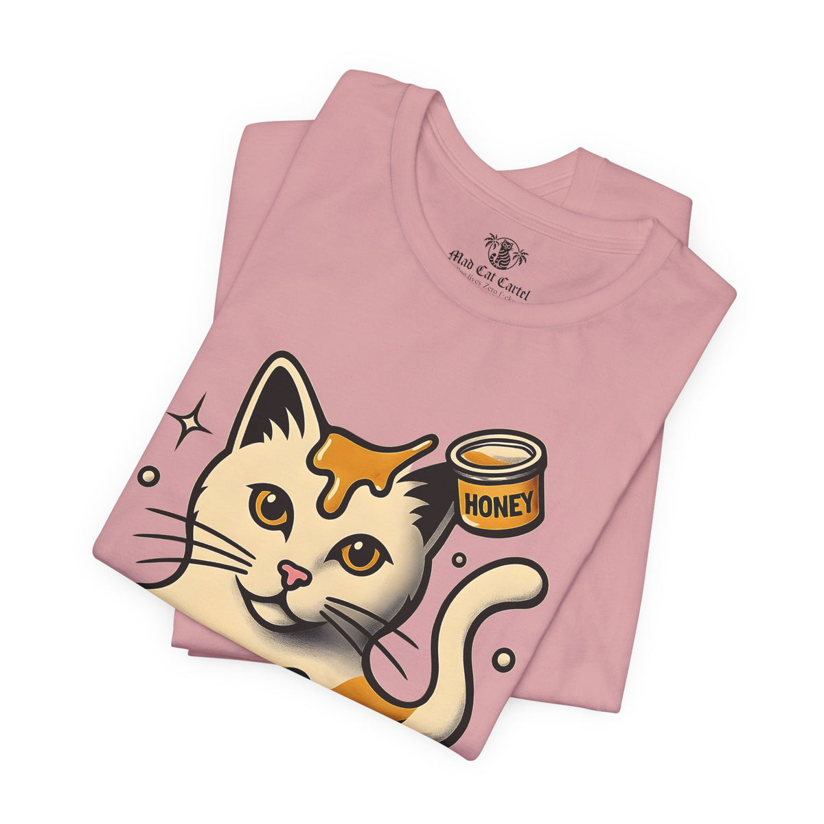 Spurreme Drip Drop Honey Meowgnum Cat Graphic T-Shirt in orchid, folded