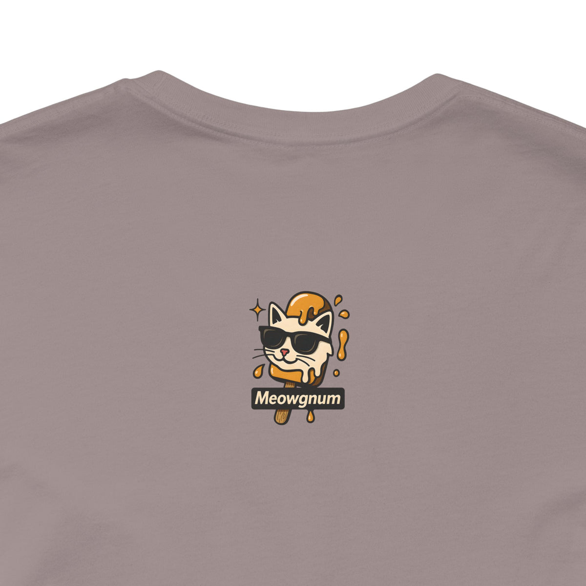 Spurreme Drip Drop Honey Meowgnum Cat Graphic T-Shirt in pebble brown, close-up of the back print