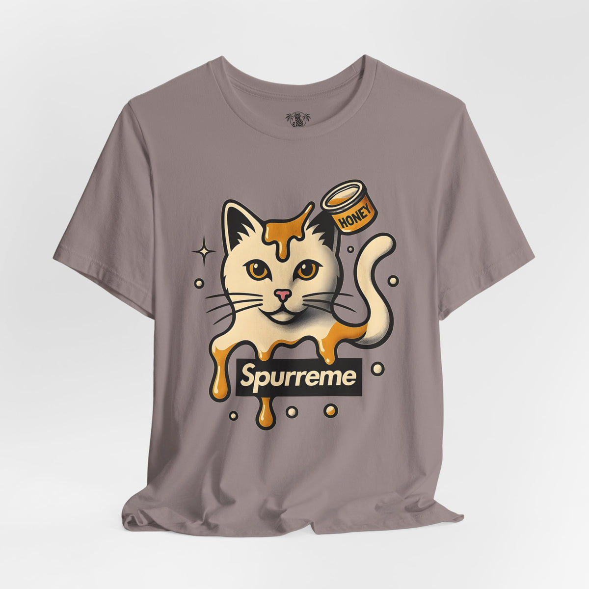 Spurreme Drip Drop Honey Meowgnum Cat Graphic T-Shirt in pebble brown, flat lay