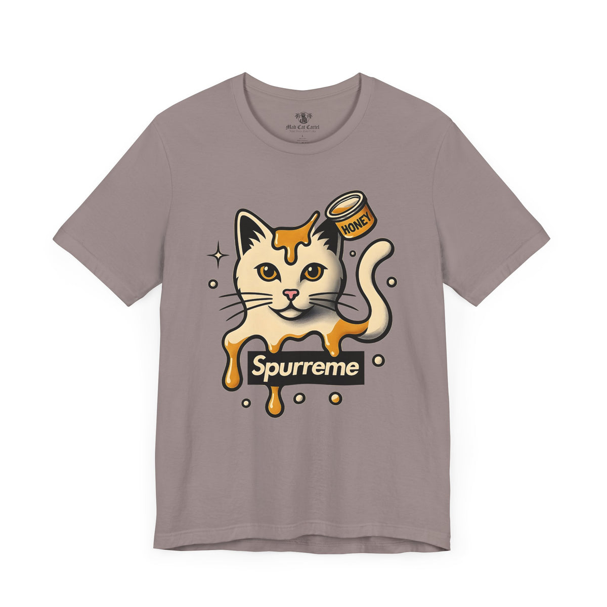 Spurreme Drip Drop Honey Meowgnum Cat Graphic T-Shirt in pebble brown, front view