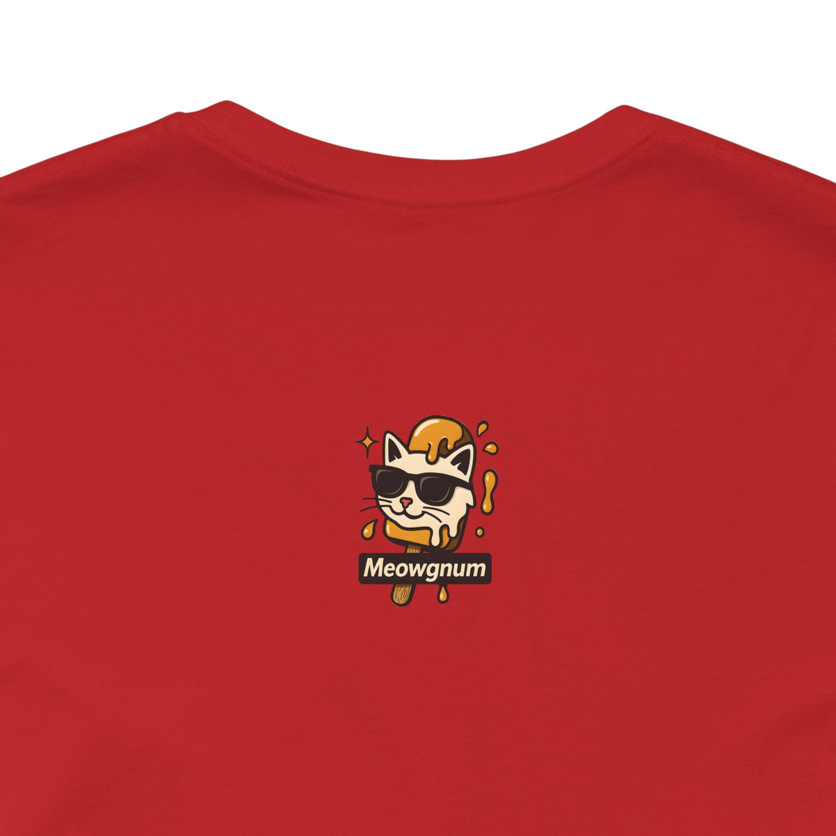 Spurreme Drip Drop Honey Meowgnum Cat Graphic T-Shirt in red, close-up of the back print
