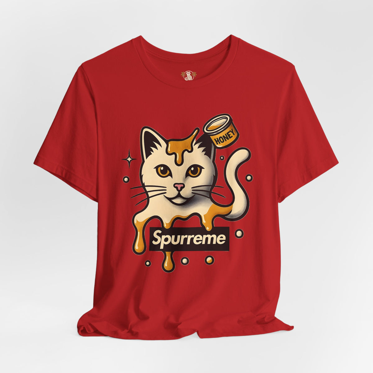 Spurreme Drip Drop Honey Meowgnum Cat Graphic T-Shirt in red, flat lay