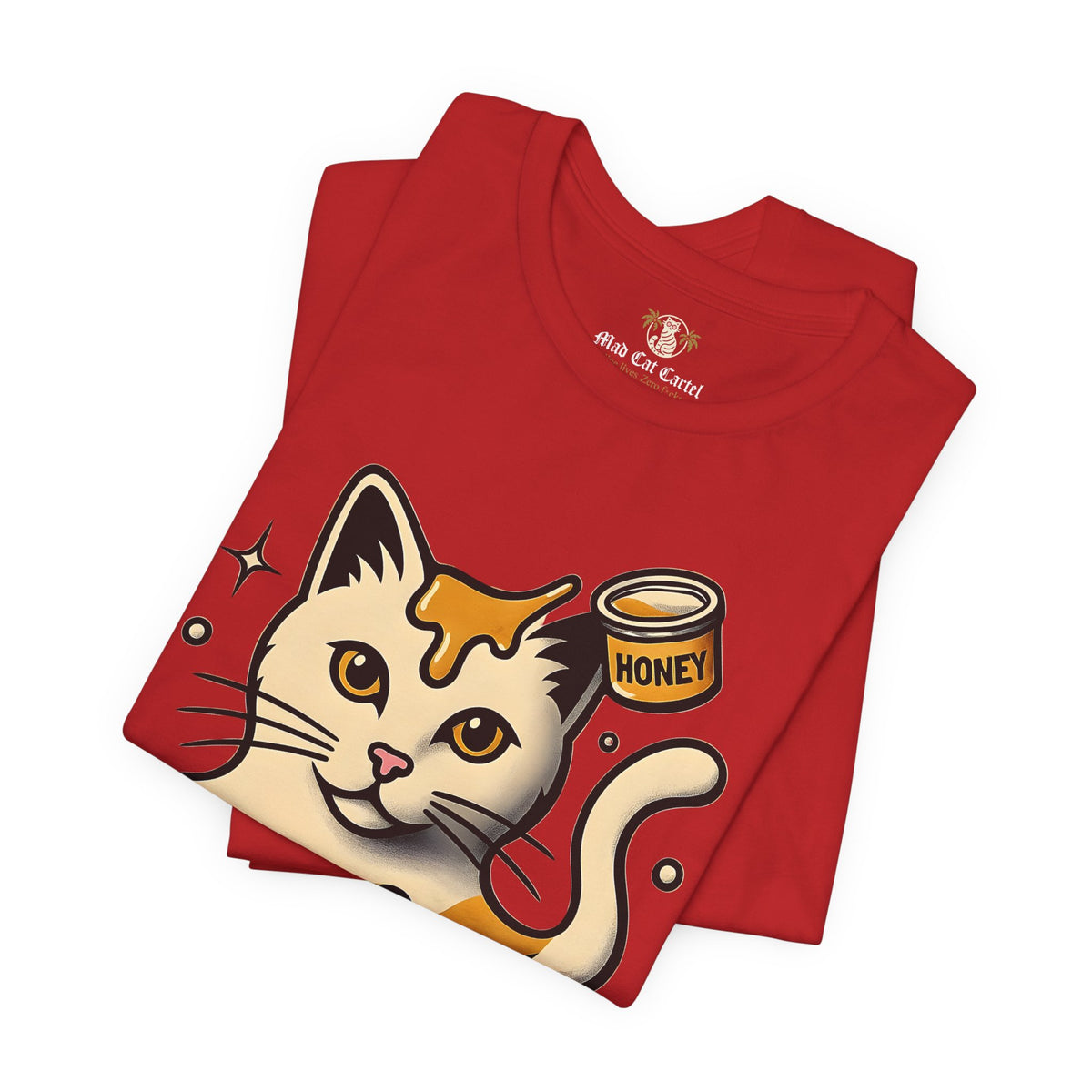 Spurreme Drip Drop Honey Meowgnum Cat Graphic T-Shirt in red, folded