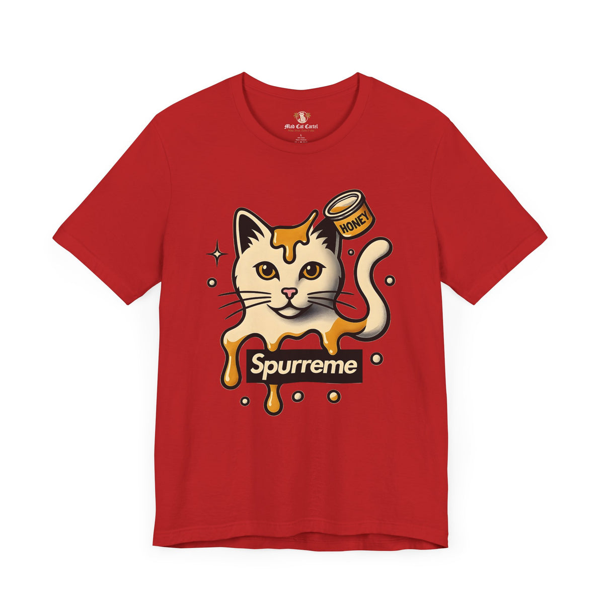 Spurreme Drip Drop Honey Meowgnum Cat Graphic T-Shirt in red, front view