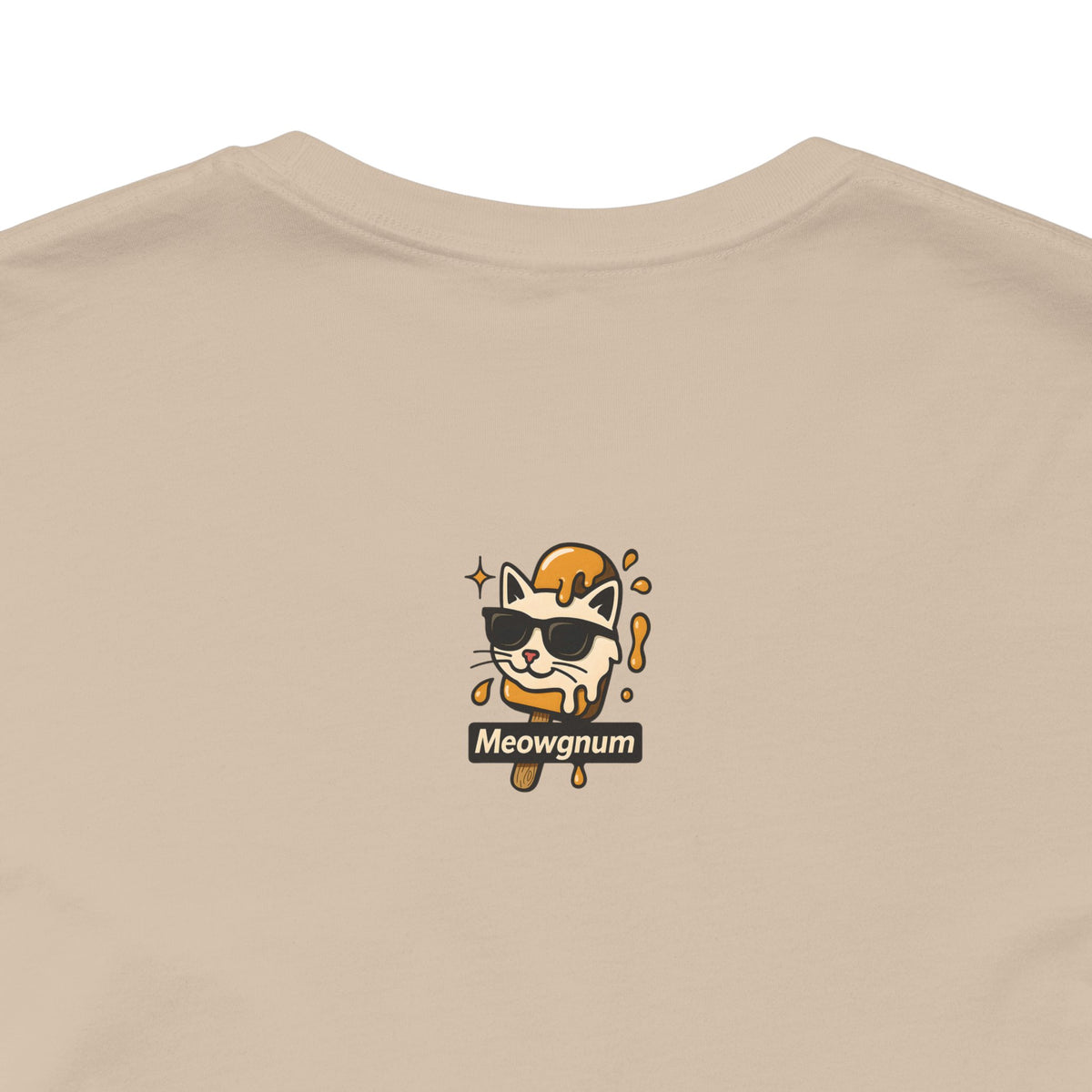 Spurreme Drip Drop Honey Meowgnum Cat Graphic T-Shirt in tan, close-up of the back print