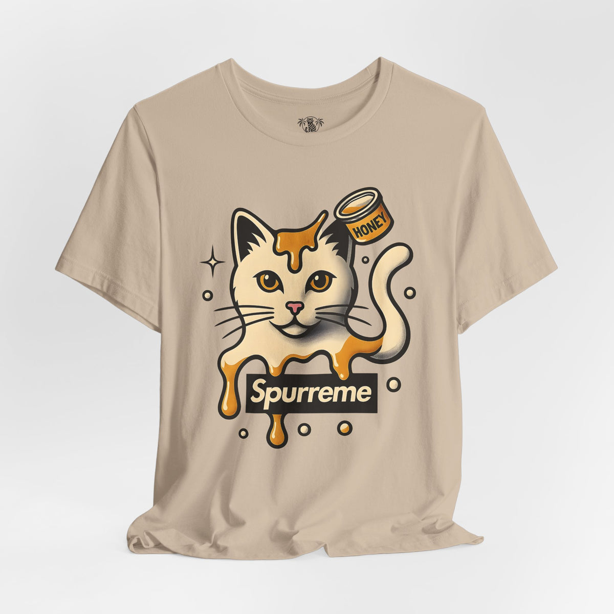 Spurreme Drip Drop Honey Meowgnum Cat Graphic T-Shirt in tan, front view