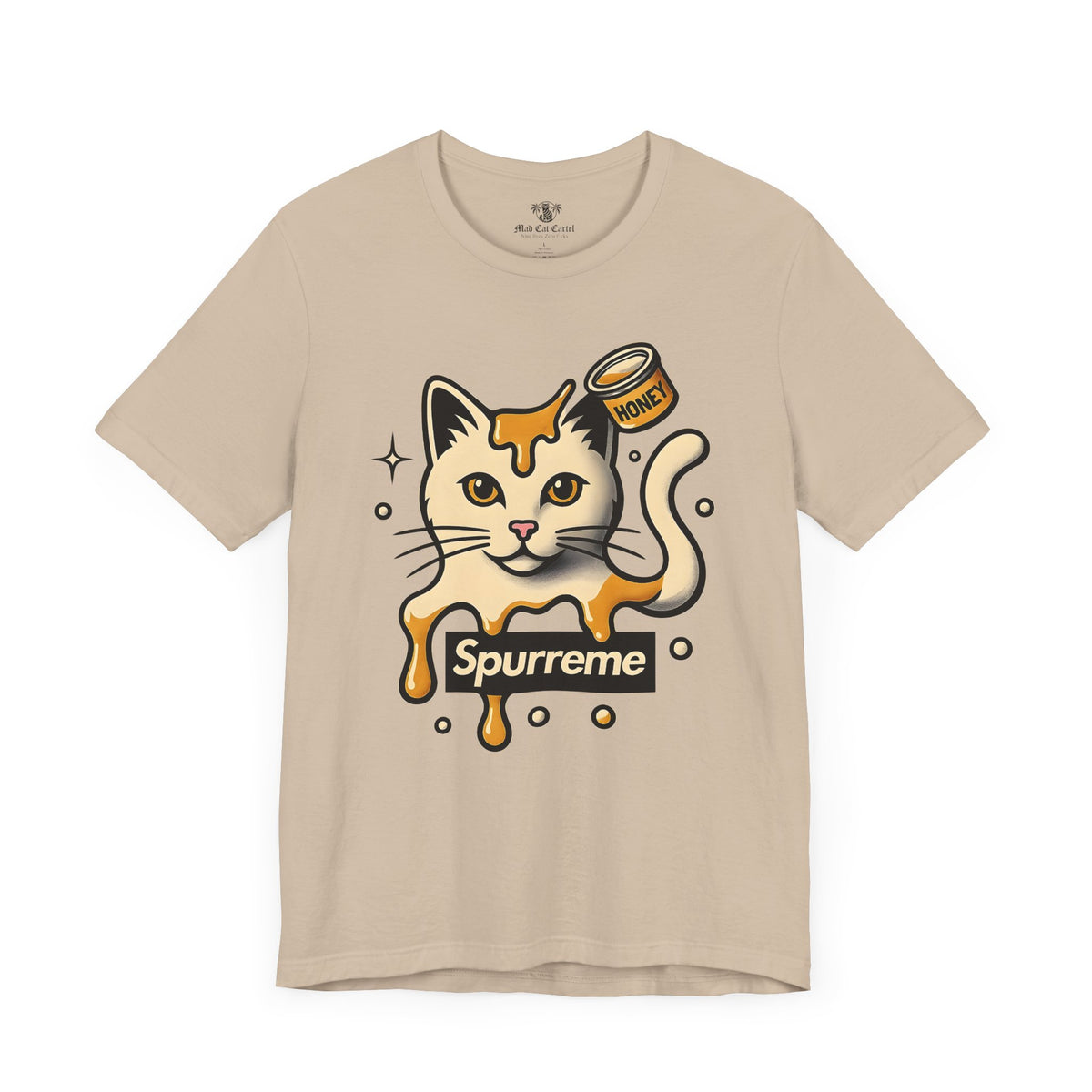 Spurreme Drip Drop Honey Meowgnum Cat Graphic T-Shirt in tan, front view