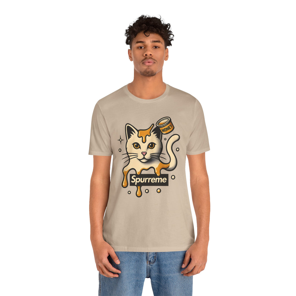 Spurreme Drip Drop Honey Meowgnum Cat Graphic T-Shirt in tan, worn by a male model