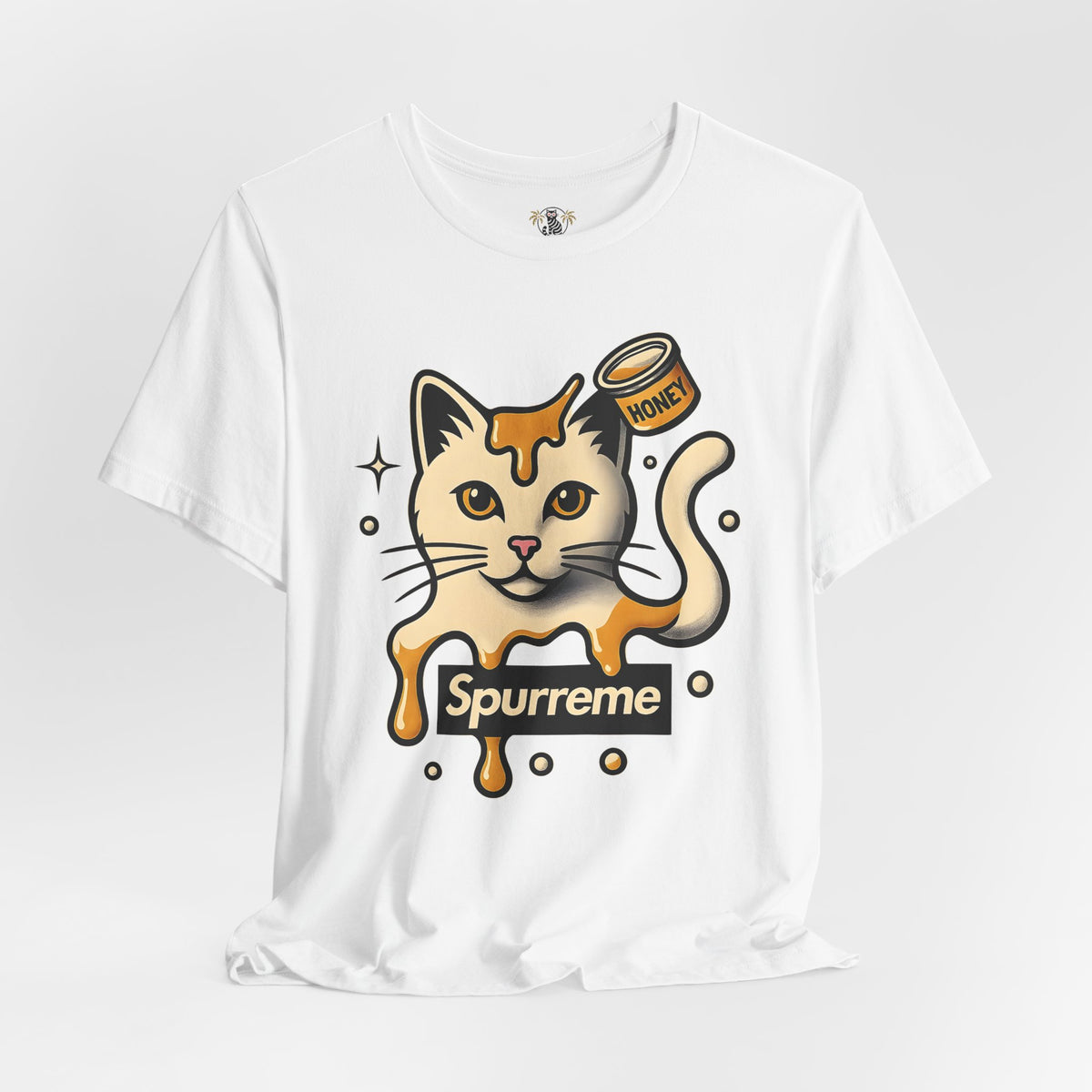 Spurreme Drip Drop Honey Meowgnum Cat Graphic T-Shirt in white, flat lay