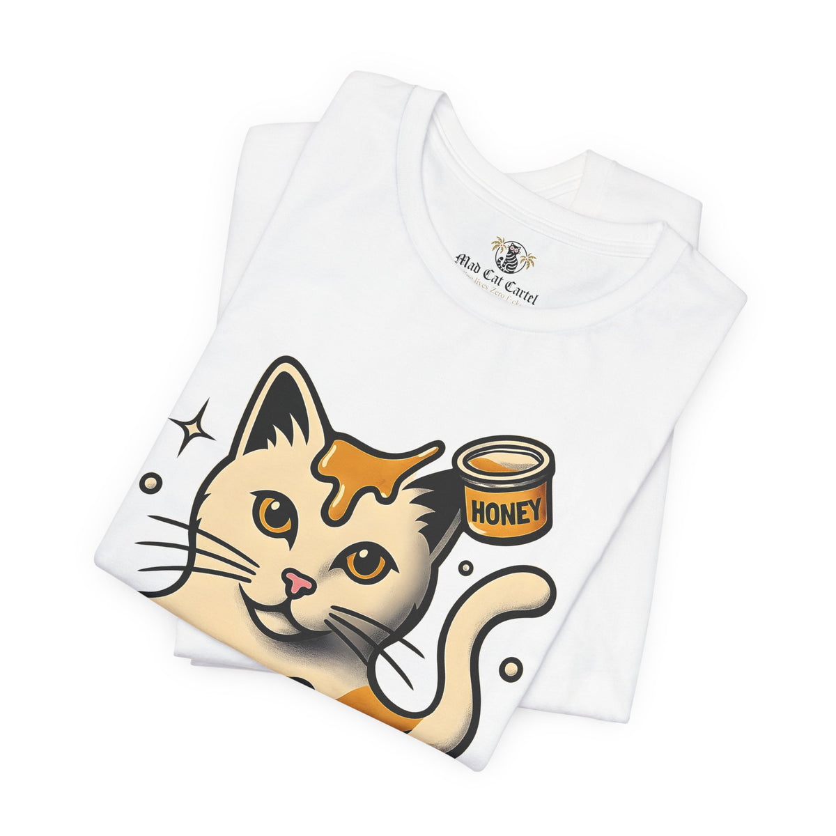 Spurreme Drip Drop Honey Meowgnum Cat Graphic T-Shirt in white, folded