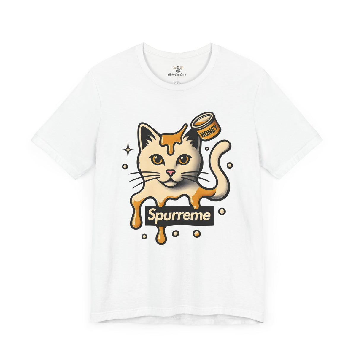 Spurreme Drip Drop Honey Meowgnum Cat Graphic T-Shirt in white, front view