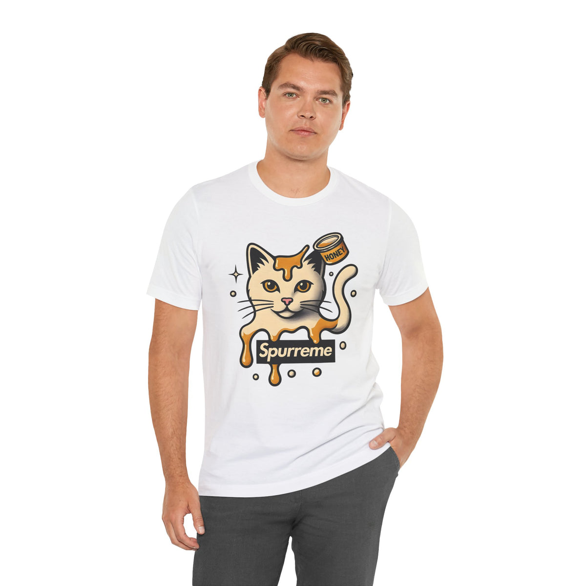 Spurreme Drip Drop Honey Meowgnum Cat Graphic T-Shirt in white, worn by a male model