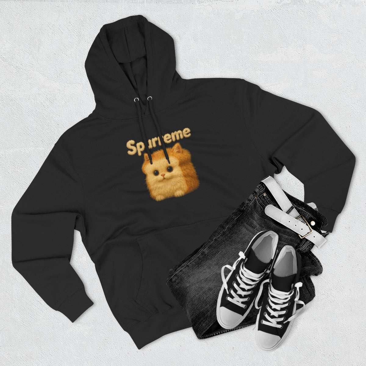 Spurreme Fluffy Loaf Kitty Graphic Cat Lover Hoodie in black, flat lay