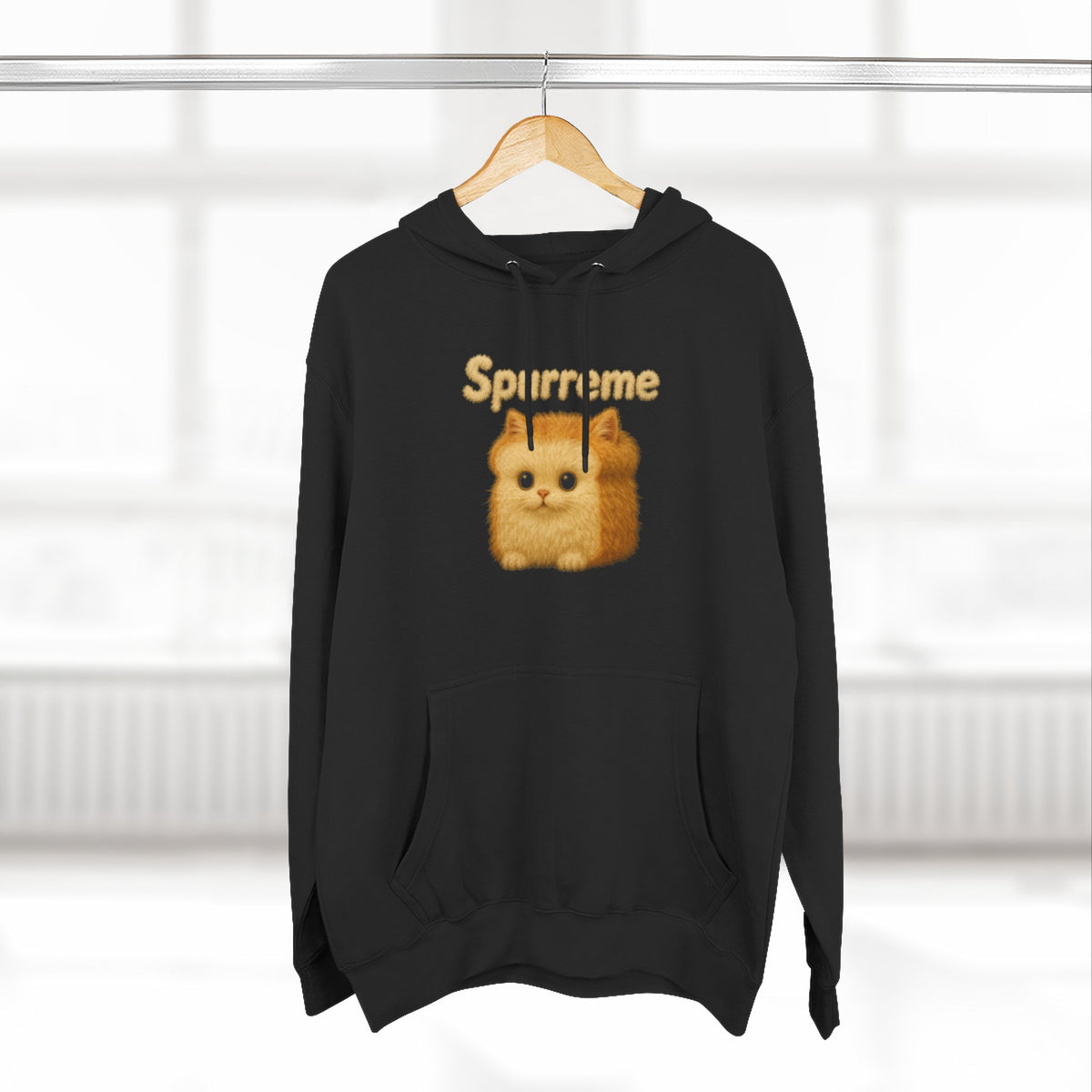 Spurreme Fluffy Loaf Kitty Graphic Cat Lover Hoodie in black, on a hanger