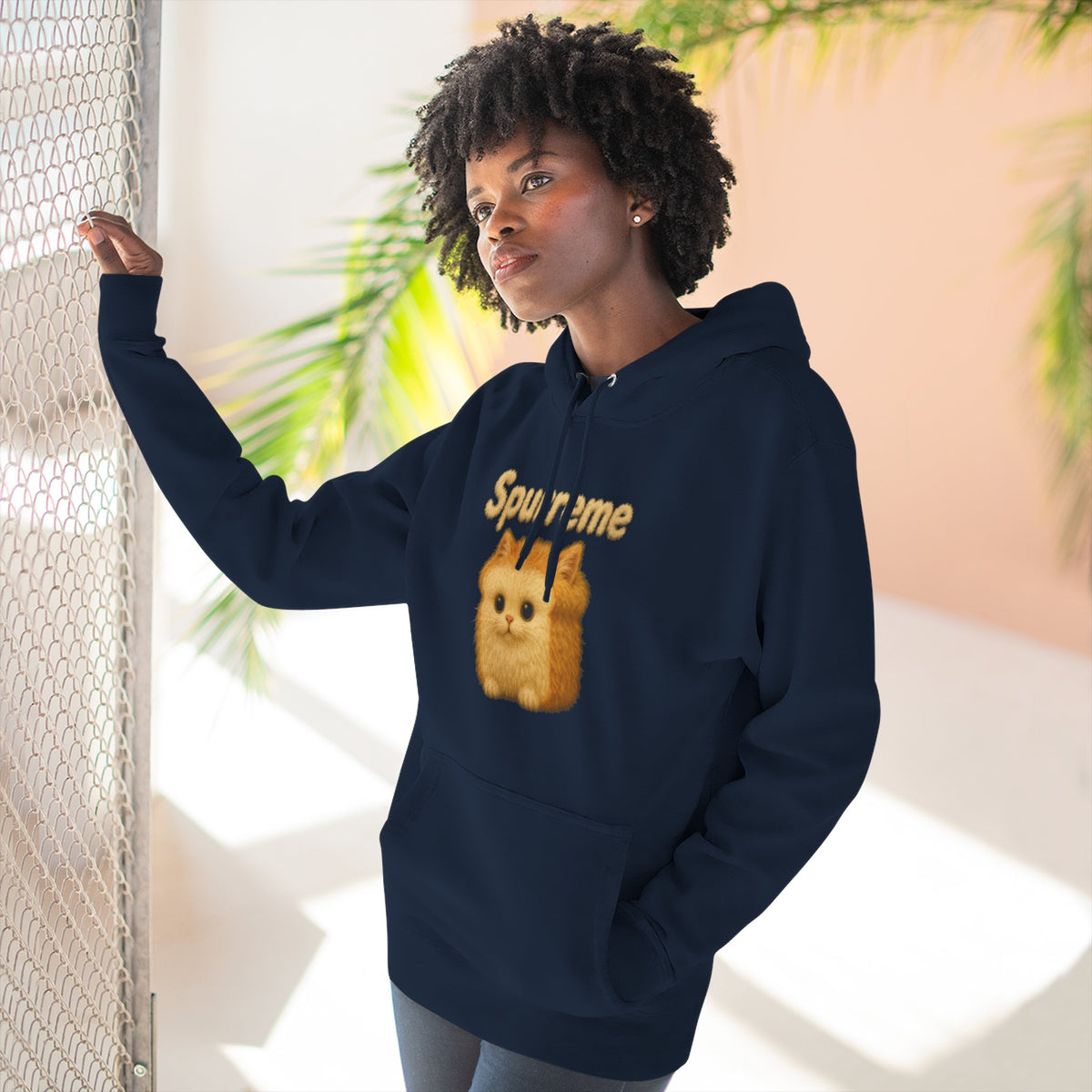 Spurreme Fluffy Loaf Kitty Graphic Cat Lover Hoodie in navy, worn by a female model