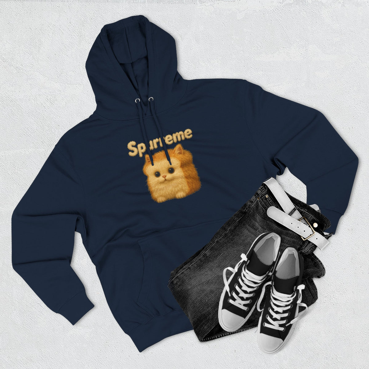 Spurreme Fluffy Loaf Kitty Graphic Cat Lover Hoodie in navy, flat lay