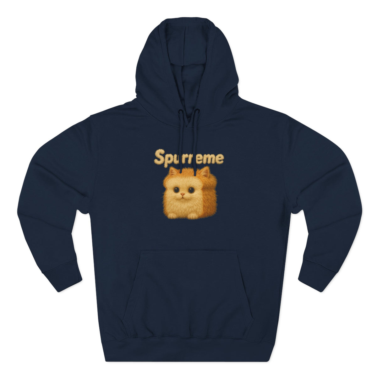 Spurreme Fluffy Loaf Kitty Graphic Cat Lover Hoodie in navy, front view