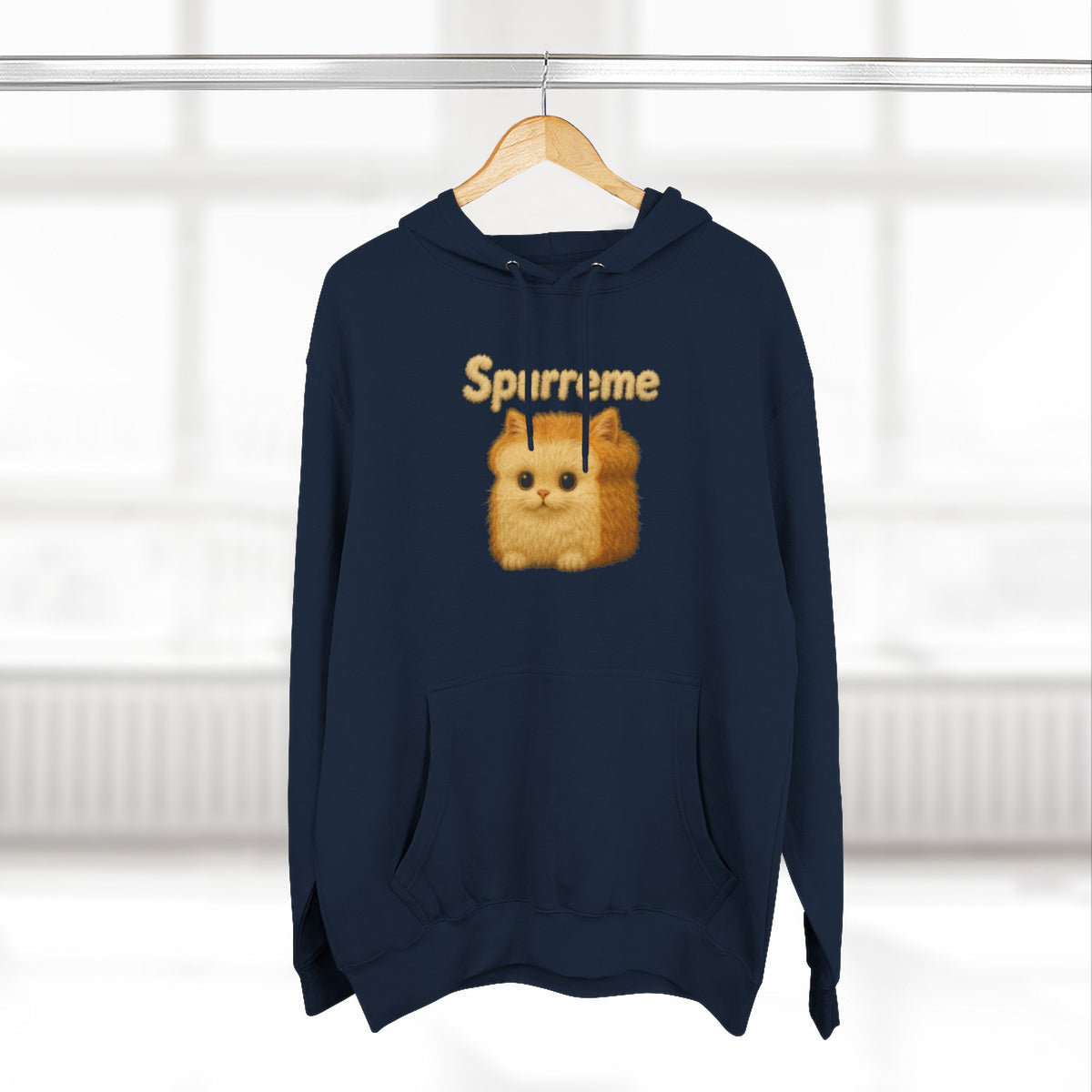 Spurreme Fluffy Loaf Kitty Graphic Cat Lover Hoodie in navy, on a hanger