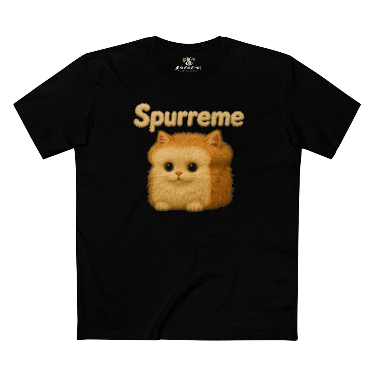 Spurreme Fluffy Loaf Kitty Graphic T-Shirt in black, front view