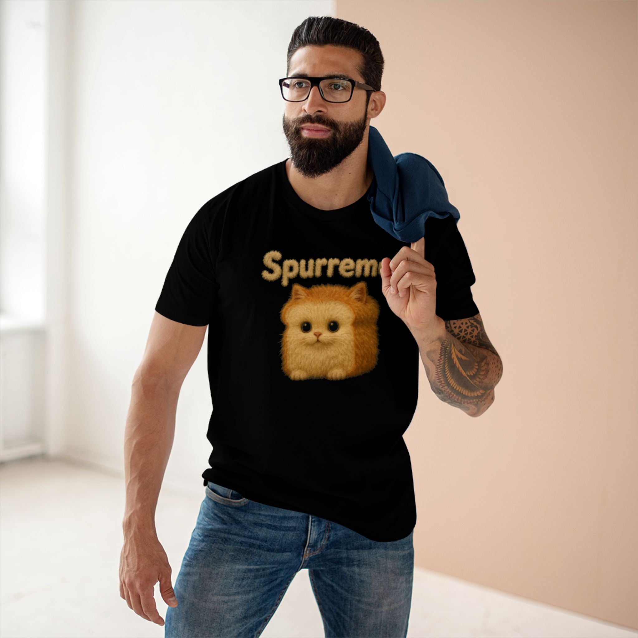 Spurreme Fluffy Loaf Kitty Graphic T-Shirt in black, worn by a male model