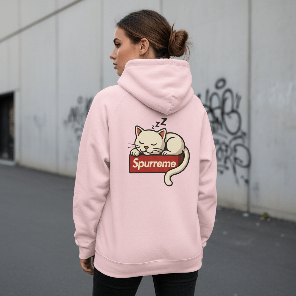 back view Spurreme Lucky Cat Box Logo Graphic Hoodie in Pink color soft hoodie for cat lovers