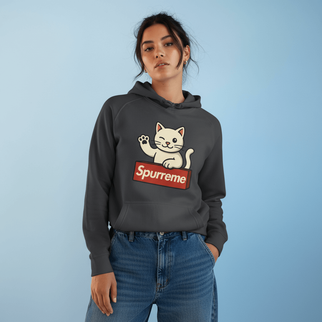 Spurreme Lucky Cat Box Logo Graphic Hoodie in coal, worn by a female model
