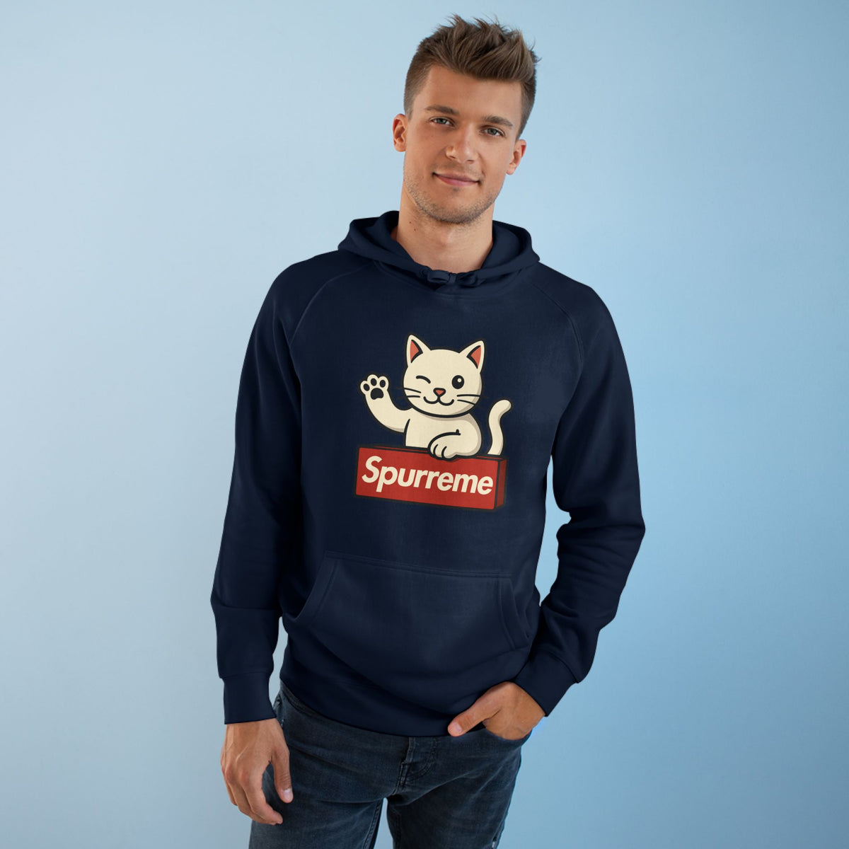 Spurreme Lucky Cat Box Logo Graphic Hoodie in navy, worn by a male model