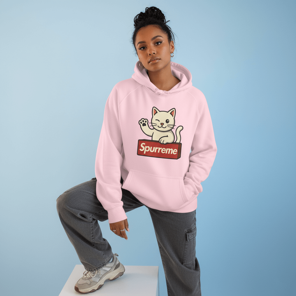 Spurreme Lucky Cat Box Logo Graphic Hoodie in pink, worn by a female model