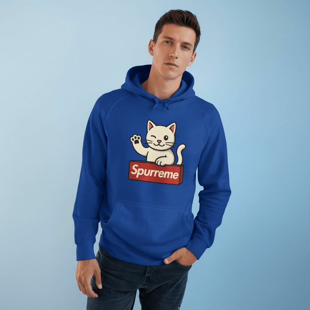 Spurreme Lucky Cat Box Logo Graphic Hoodie in royal blue, worn by a male model