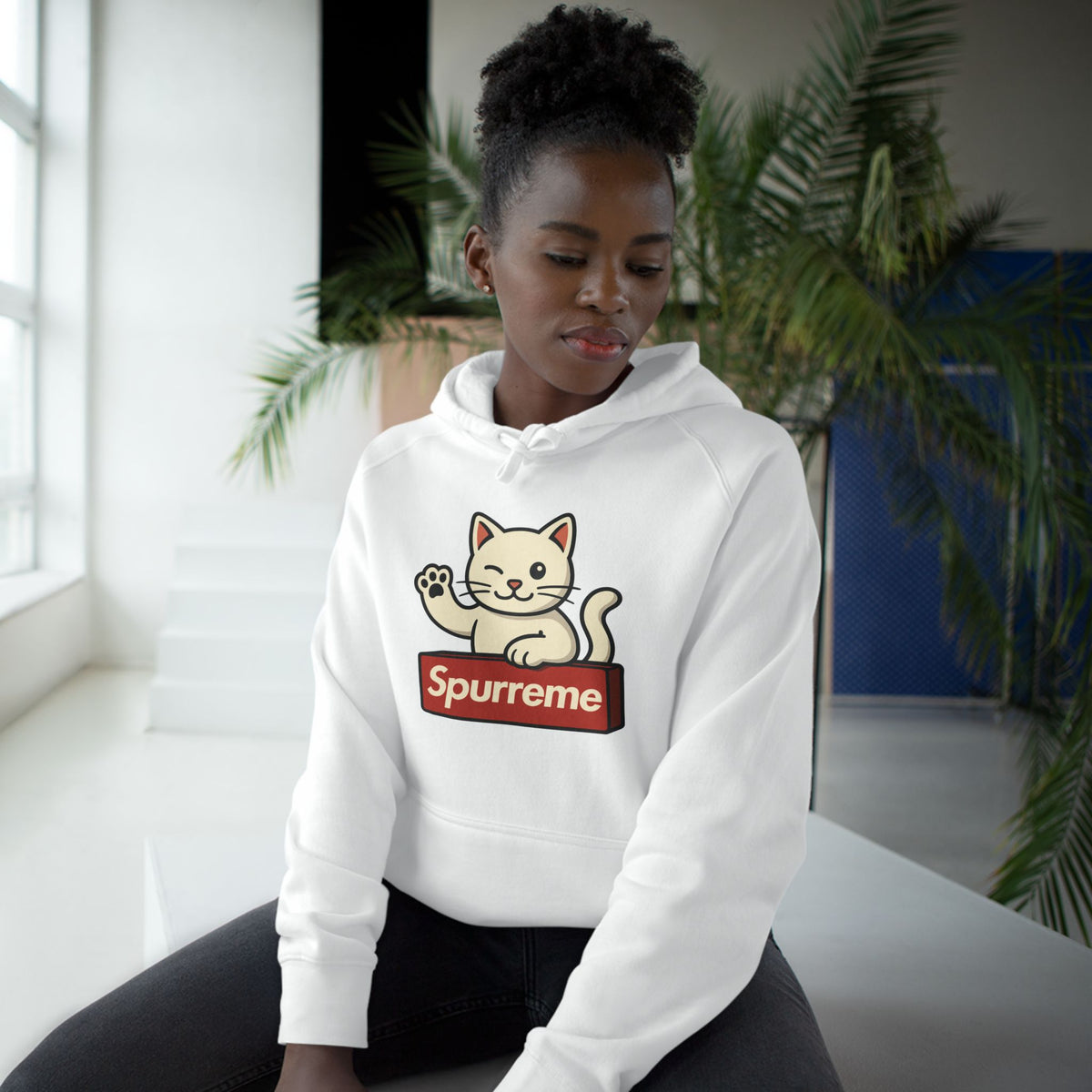 Spurreme Lucky Cat Box Logo Graphic Hoodie in white, worn by a female model