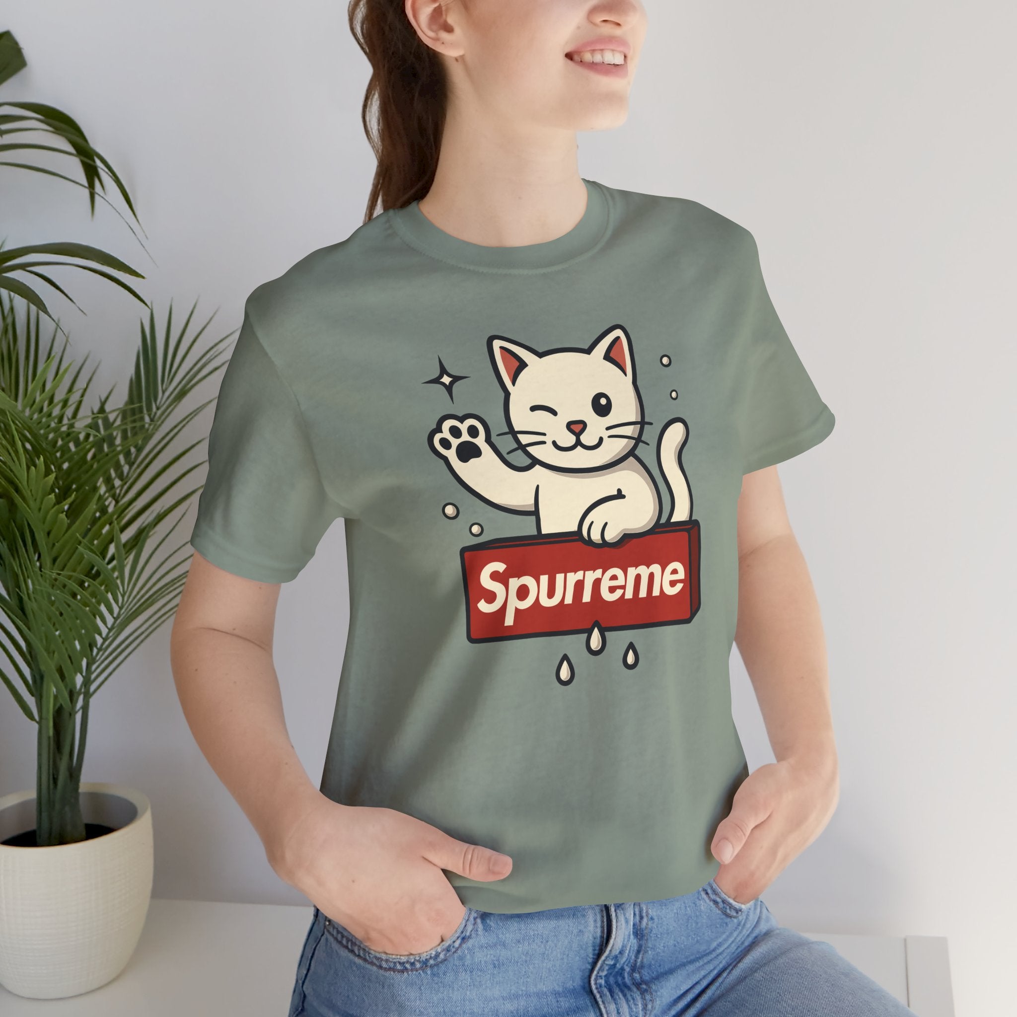 Spurreme Lucky Cat Box Logo Graphic T-Shirt in sage, worn by a female model