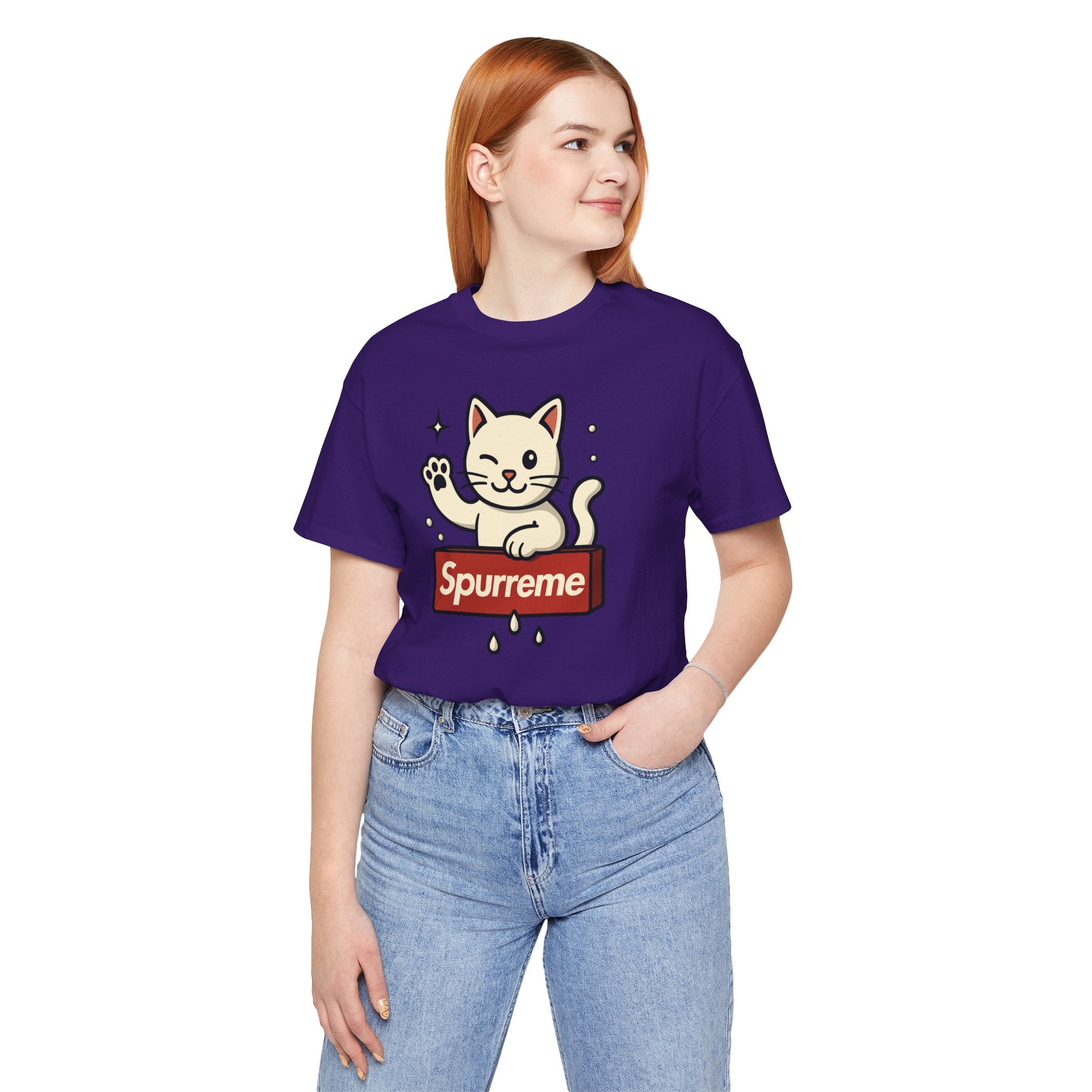Spurreme Lucky Cat Box Logo Graphic T-Shirt in team purple, worn by a female model